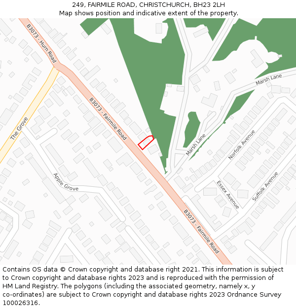 249, FAIRMILE ROAD, CHRISTCHURCH, BH23 2LH: Location map and indicative extent of plot