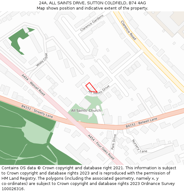 24A, ALL SAINTS DRIVE, SUTTON COLDFIELD, B74 4AG: Location map and indicative extent of plot