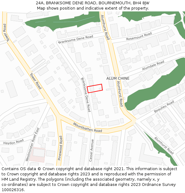 24A, BRANKSOME DENE ROAD, BOURNEMOUTH, BH4 8JW: Location map and indicative extent of plot