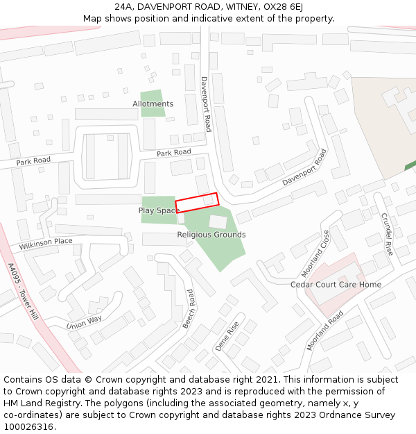 24A, DAVENPORT ROAD, WITNEY, OX28 6EJ: Location map and indicative extent of plot