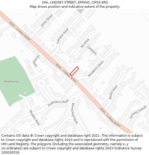 24A, LINDSEY STREET, EPPING, CM16 6RD: Location map and indicative extent of plot
