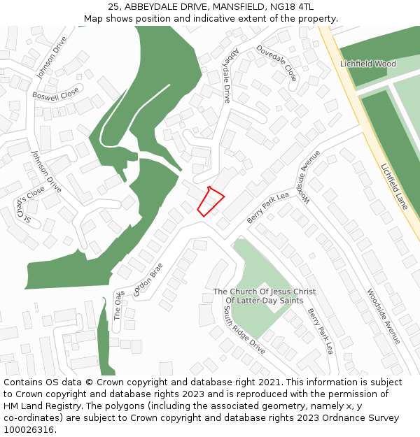 25, ABBEYDALE DRIVE, MANSFIELD, NG18 4TL: Location map and indicative extent of plot