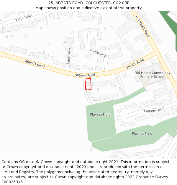 25, ABBOTS ROAD, COLCHESTER, CO2 8BE: Location map and indicative extent of plot