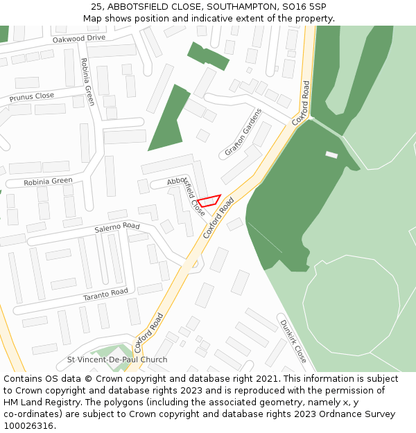 25, ABBOTSFIELD CLOSE, SOUTHAMPTON, SO16 5SP: Location map and indicative extent of plot