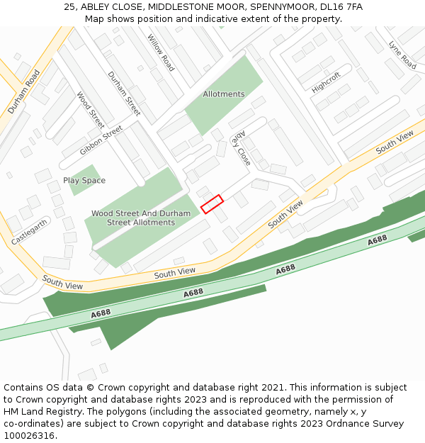 25, ABLEY CLOSE, MIDDLESTONE MOOR, SPENNYMOOR, DL16 7FA: Location map and indicative extent of plot