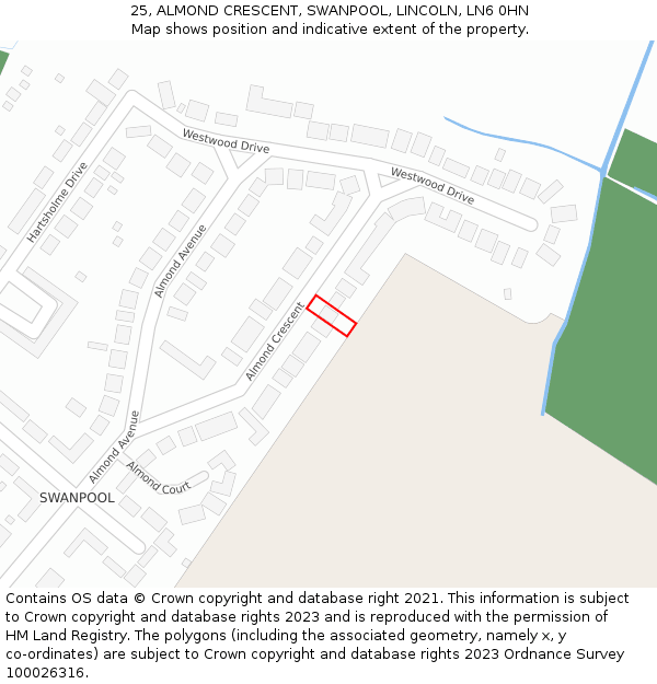 25, ALMOND CRESCENT, SWANPOOL, LINCOLN, LN6 0HN: Location map and indicative extent of plot
