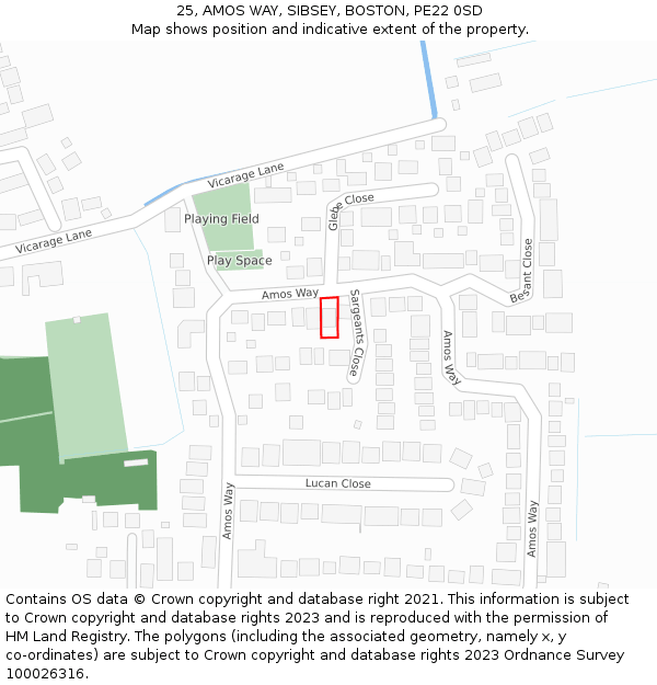 25, AMOS WAY, SIBSEY, BOSTON, PE22 0SD: Location map and indicative extent of plot