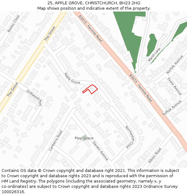 25, APPLE GROVE, CHRISTCHURCH, BH23 2HG: Location map and indicative extent of plot