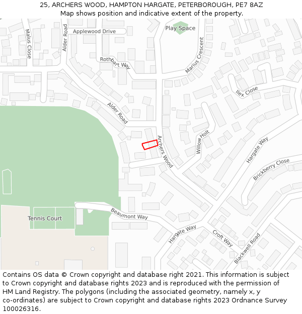 25, ARCHERS WOOD, HAMPTON HARGATE, PETERBOROUGH, PE7 8AZ: Location map and indicative extent of plot