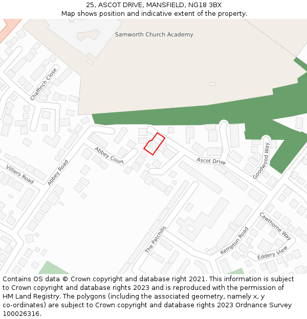 25, ASCOT DRIVE, MANSFIELD, NG18 3BX: Location map and indicative extent of plot