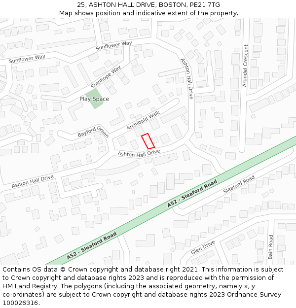 25, ASHTON HALL DRIVE, BOSTON, PE21 7TG: Location map and indicative extent of plot