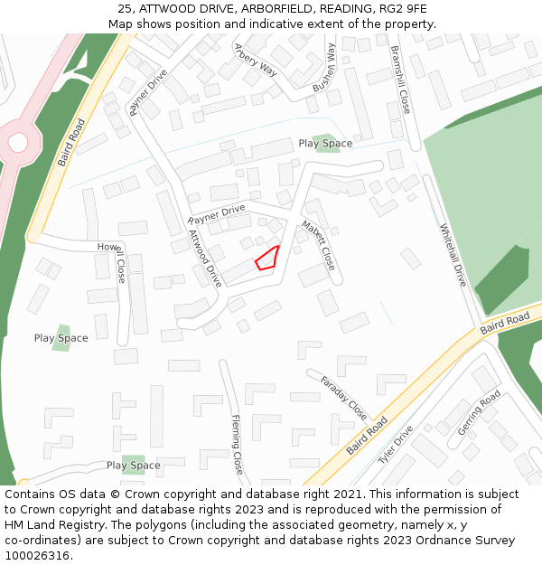25, ATTWOOD DRIVE, ARBORFIELD, READING, RG2 9FE: Location map and indicative extent of plot