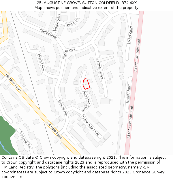 25, AUGUSTINE GROVE, SUTTON COLDFIELD, B74 4XX: Location map and indicative extent of plot