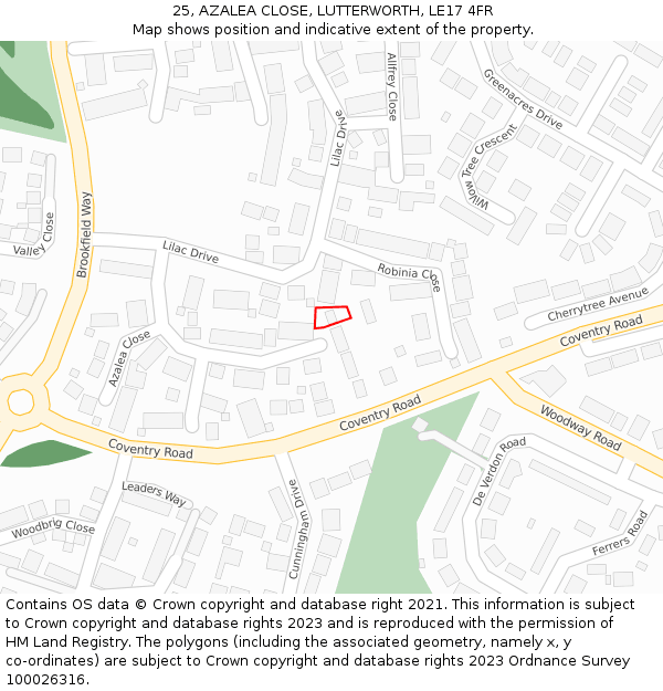 25, AZALEA CLOSE, LUTTERWORTH, LE17 4FR: Location map and indicative extent of plot
