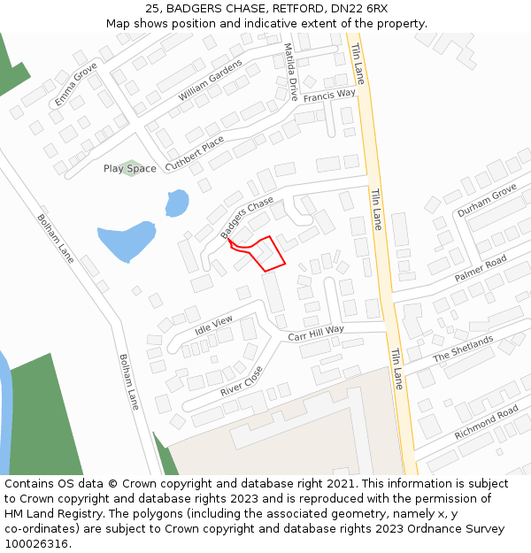 25, BADGERS CHASE, RETFORD, DN22 6RX: Location map and indicative extent of plot