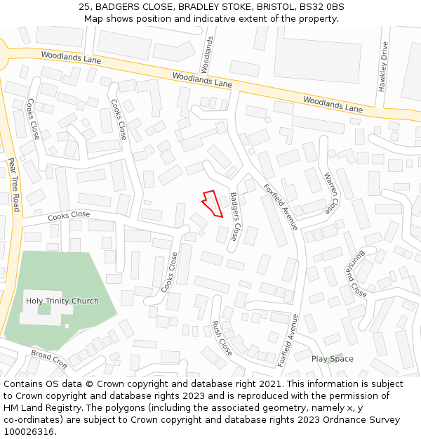 25, BADGERS CLOSE, BRADLEY STOKE, BRISTOL, BS32 0BS: Location map and indicative extent of plot