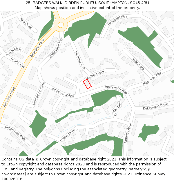 25, BADGERS WALK, DIBDEN PURLIEU, SOUTHAMPTON, SO45 4BU: Location map and indicative extent of plot