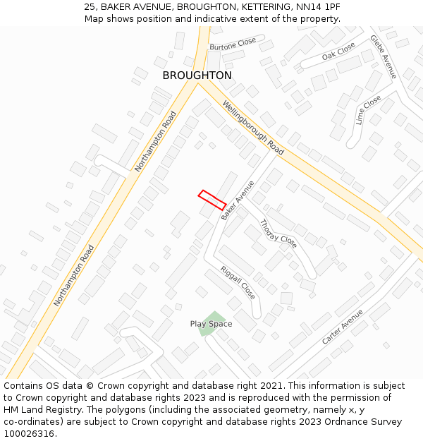 25, BAKER AVENUE, BROUGHTON, KETTERING, NN14 1PF: Location map and indicative extent of plot