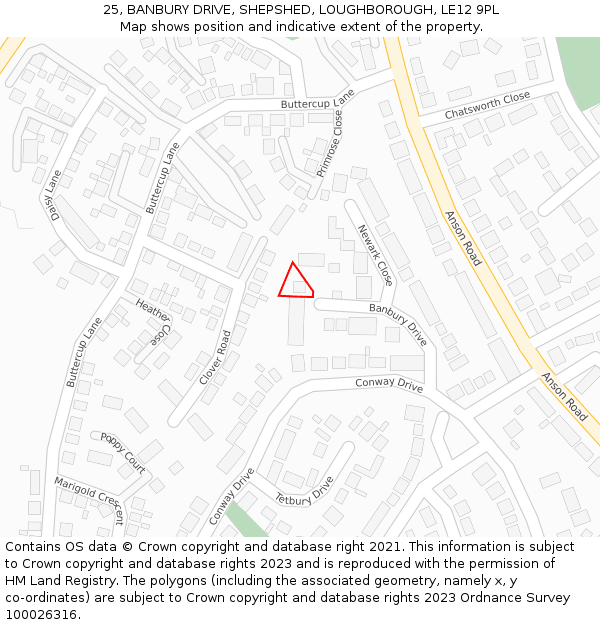 25, BANBURY DRIVE, SHEPSHED, LOUGHBOROUGH, LE12 9PL: Location map and indicative extent of plot