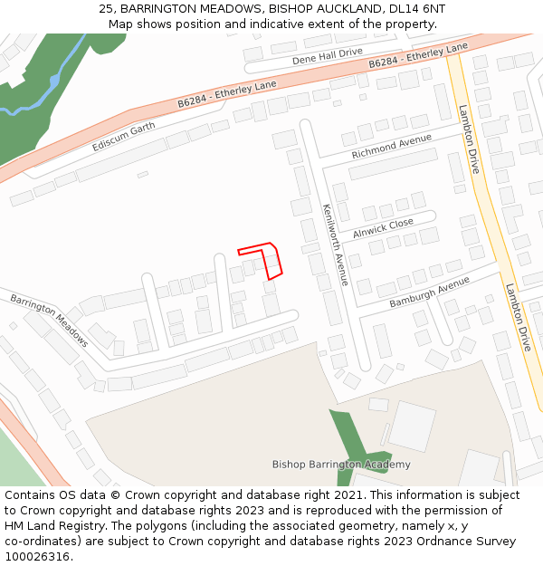 25, BARRINGTON MEADOWS, BISHOP AUCKLAND, DL14 6NT: Location map and indicative extent of plot