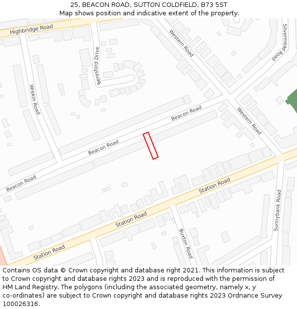 25, BEACON ROAD, SUTTON COLDFIELD, B73 5ST: Location map and indicative extent of plot