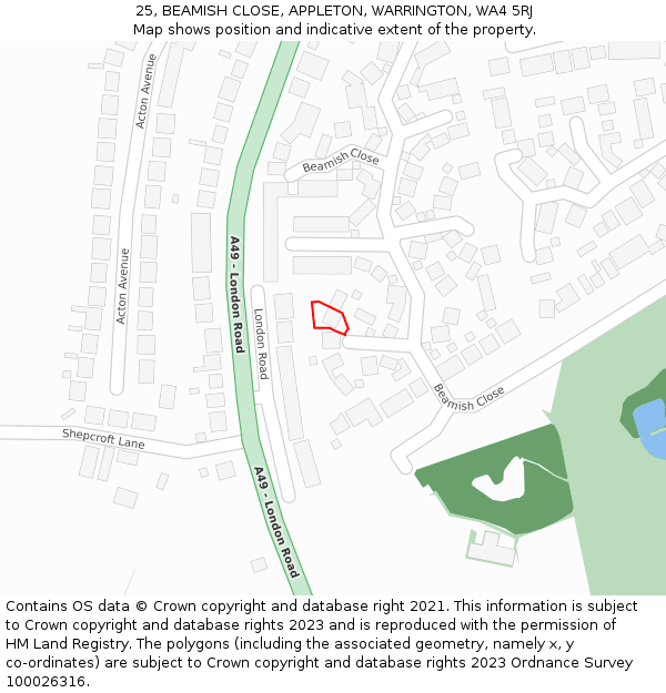 25, BEAMISH CLOSE, APPLETON, WARRINGTON, WA4 5RJ: Location map and indicative extent of plot