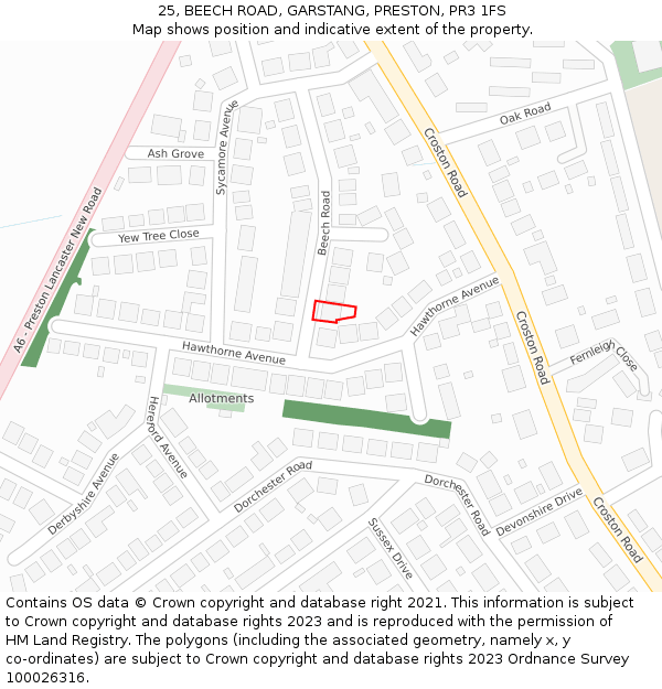 25, BEECH ROAD, GARSTANG, PRESTON, PR3 1FS: Location map and indicative extent of plot