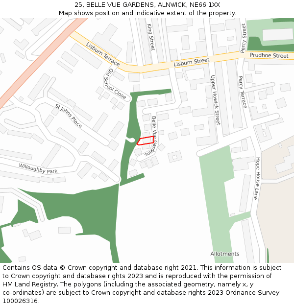 25, BELLE VUE GARDENS, ALNWICK, NE66 1XX: Location map and indicative extent of plot