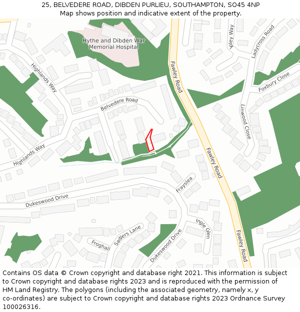 25, BELVEDERE ROAD, DIBDEN PURLIEU, SOUTHAMPTON, SO45 4NP: Location map and indicative extent of plot