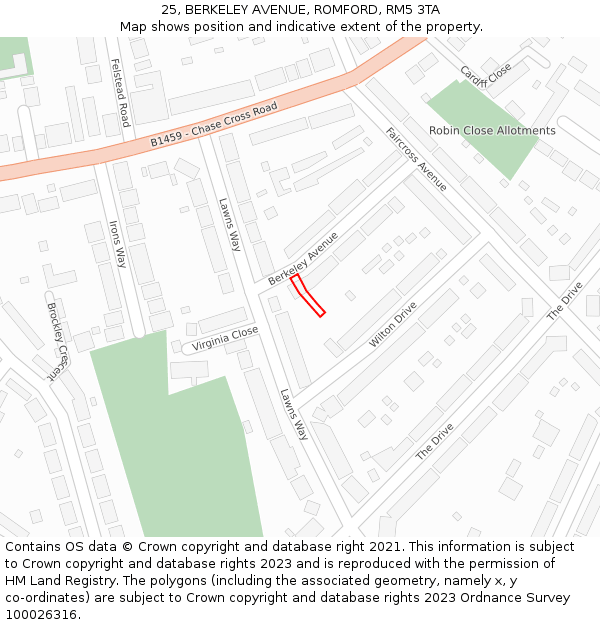 25, BERKELEY AVENUE, ROMFORD, RM5 3TA: Location map and indicative extent of plot