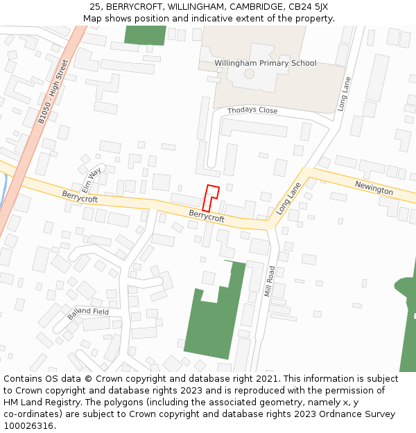 25, BERRYCROFT, WILLINGHAM, CAMBRIDGE, CB24 5JX: Location map and indicative extent of plot