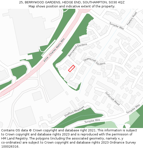 25, BERRYWOOD GARDENS, HEDGE END, SOUTHAMPTON, SO30 4QZ: Location map and indicative extent of plot