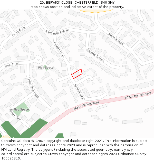 25, BERWICK CLOSE, CHESTERFIELD, S40 3NY: Location map and indicative extent of plot