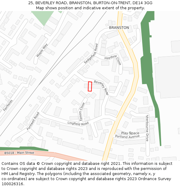 25, BEVERLEY ROAD, BRANSTON, BURTON-ON-TRENT, DE14 3GG: Location map and indicative extent of plot