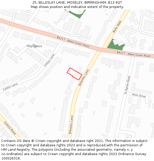 25, BILLESLEY LANE, MOSELEY, BIRMINGHAM, B13 9QT: Location map and indicative extent of plot