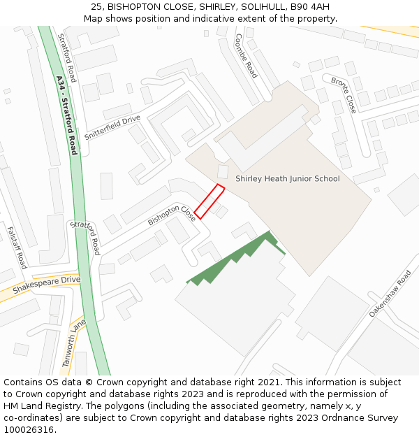 25, BISHOPTON CLOSE, SHIRLEY, SOLIHULL, B90 4AH: Location map and indicative extent of plot
