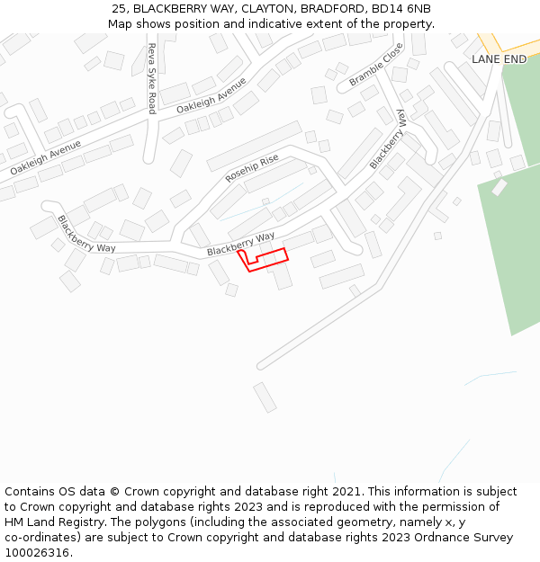25, BLACKBERRY WAY, CLAYTON, BRADFORD, BD14 6NB: Location map and indicative extent of plot