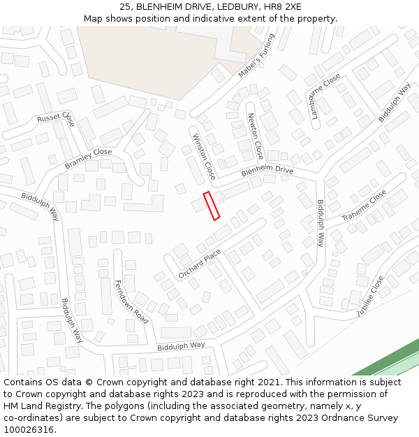 25, BLENHEIM DRIVE, LEDBURY, HR8 2XE: Location map and indicative extent of plot