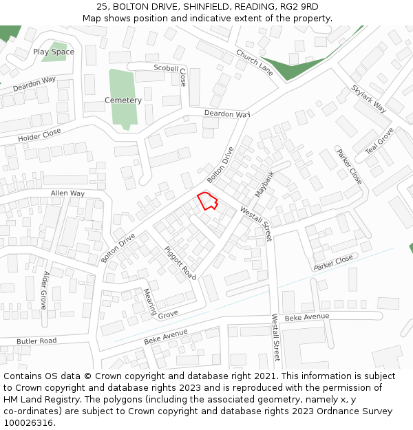 25, BOLTON DRIVE, SHINFIELD, READING, RG2 9RD: Location map and indicative extent of plot