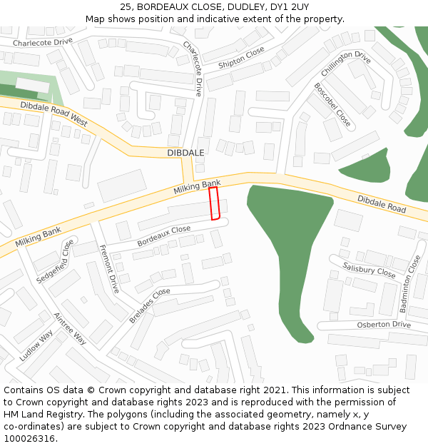 25, BORDEAUX CLOSE, DUDLEY, DY1 2UY: Location map and indicative extent of plot