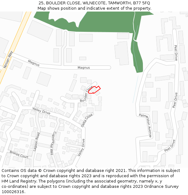 25, BOULDER CLOSE, WILNECOTE, TAMWORTH, B77 5FQ: Location map and indicative extent of plot