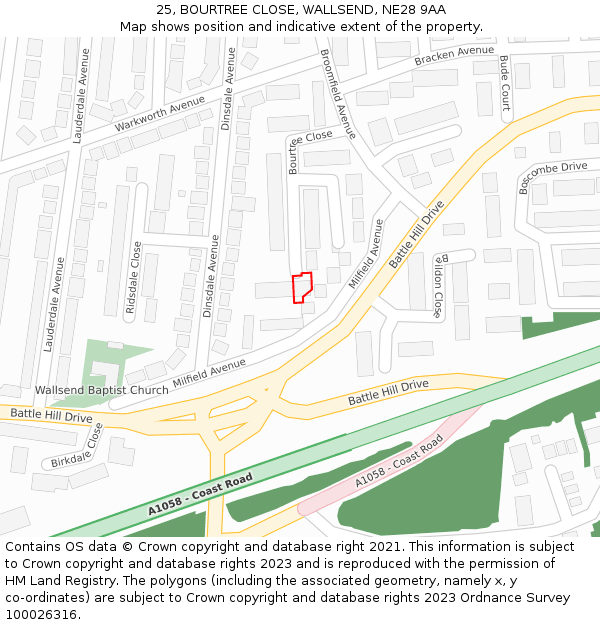 25, BOURTREE CLOSE, WALLSEND, NE28 9AA: Location map and indicative extent of plot