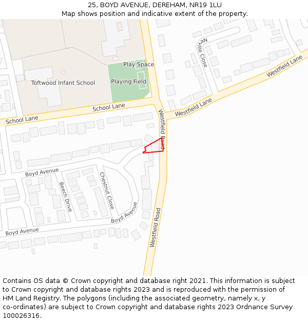 25, BOYD AVENUE, DEREHAM, NR19 1LU: Location map and indicative extent of plot