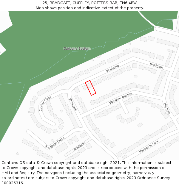 25, BRADGATE, CUFFLEY, POTTERS BAR, EN6 4RW: Location map and indicative extent of plot