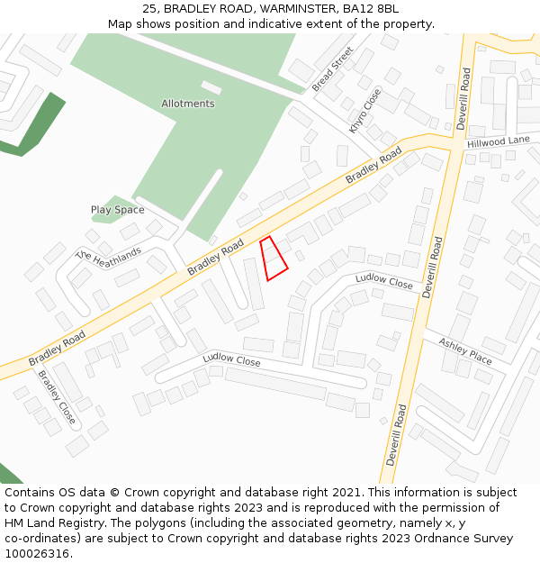 25, BRADLEY ROAD, WARMINSTER, BA12 8BL: Location map and indicative extent of plot