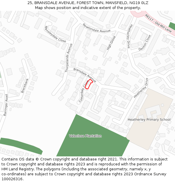 25, BRANSDALE AVENUE, FOREST TOWN, MANSFIELD, NG19 0LZ: Location map and indicative extent of plot