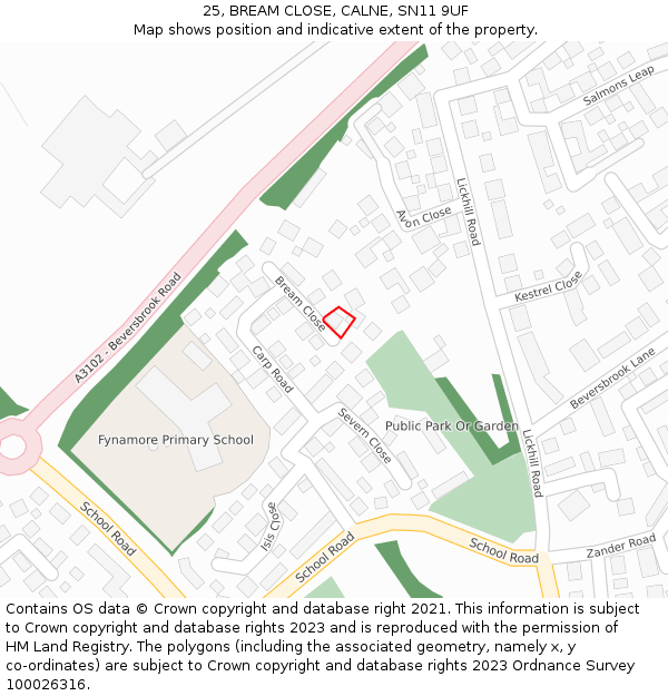 25, BREAM CLOSE, CALNE, SN11 9UF: Location map and indicative extent of plot