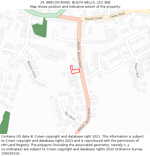 25, BRECON ROAD, BUILTH WELLS, LD2 3EB: Location map and indicative extent of plot
