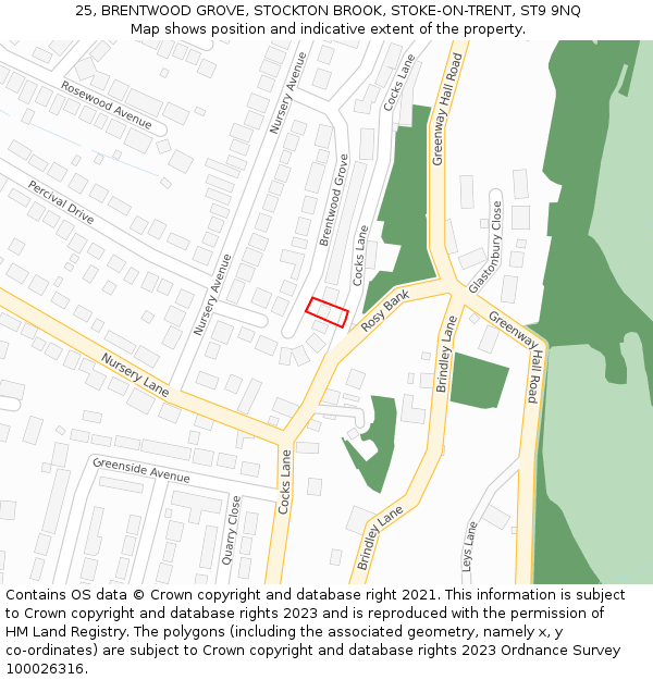 25, BRENTWOOD GROVE, STOCKTON BROOK, STOKE-ON-TRENT, ST9 9NQ: Location map and indicative extent of plot