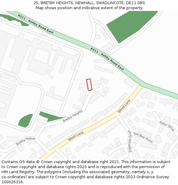 25, BRETBY HEIGHTS, NEWHALL, SWADLINCOTE, DE11 0BS: Location map and indicative extent of plot